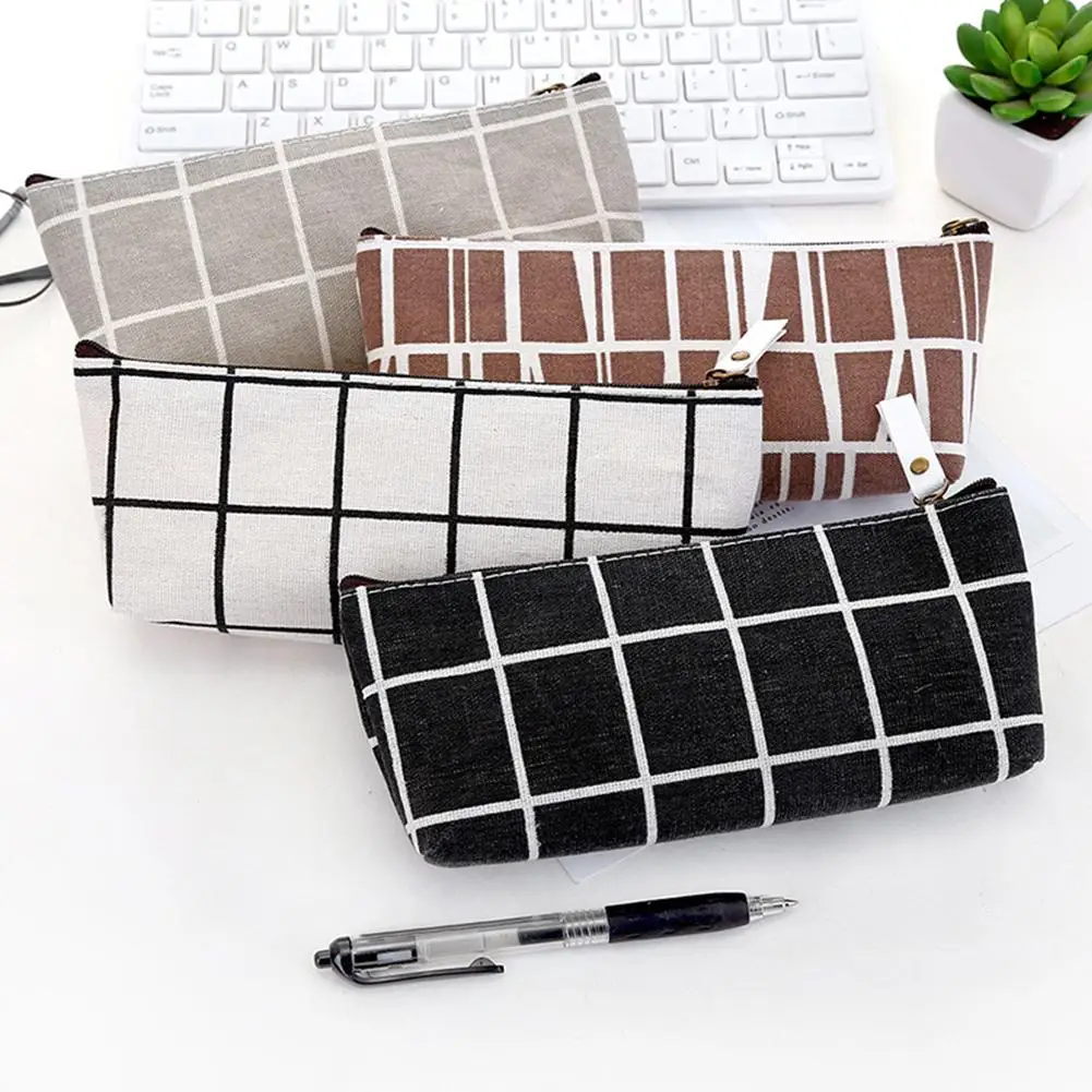 

Fashion Simple Unisex Grid Canvas School Pen Bag Pencil Bag Office Supply Students Stationery Pencil Case School Supplies