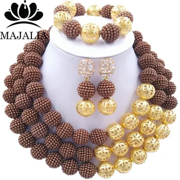 

Majalia Fashion Nigerian Wedding African Jewelery Set Brown Crystal Plastic Pearl Necklace Bride Jewelry Sets 3SQ038