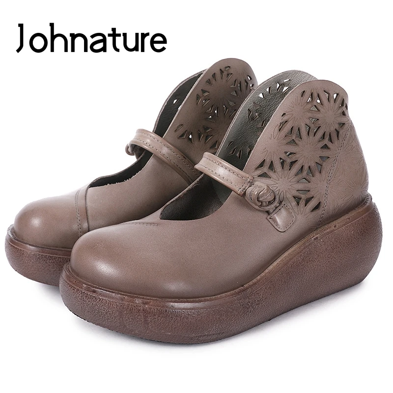 

Johnature 2019 New Spring/Autumn Genuine Leather Wedges Hollow Buckle Strap Casual Round Toe Retro Shallow Platform Women Shoes