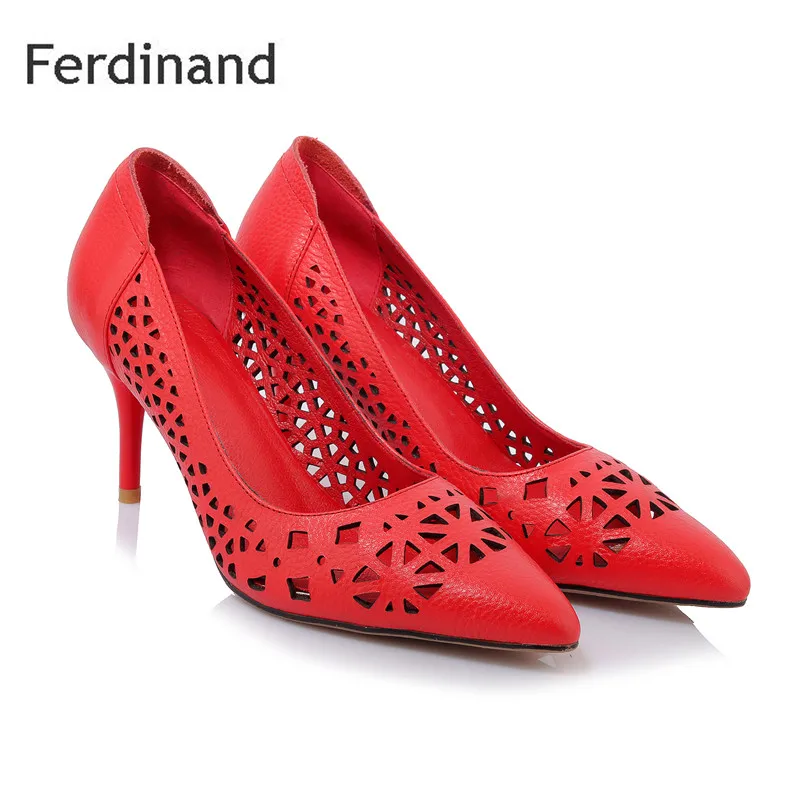 

Women high heel shoes Women Pumps Hollow Shollow Solid color Summer Sandals Red Black Genuine leather women shoes Pointed toe