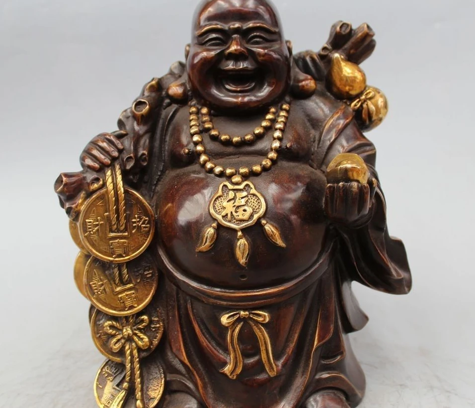 

11" Chinese Bronze Gild Wealth Frog Moneybag Happy Laugh Maitreya Buddha Statue