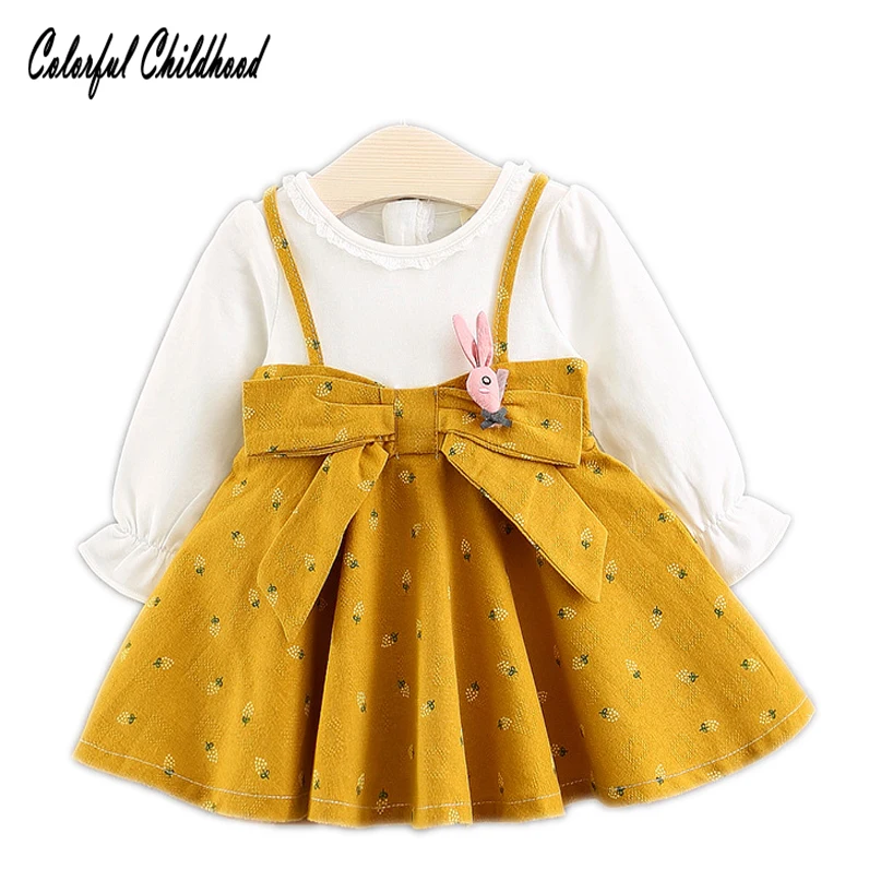 Sweet bowknot design little girls dress autumn cotton long sleeve