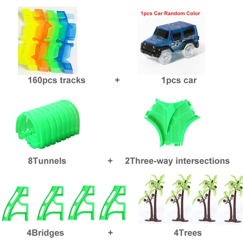 Железная дорога трек Набор DIY сборки гибкая 150/165/220/240 шт светящиеся гоночных трасс с светодиодный свет машины автомобиль игрушки для детей - Цвет: C Set