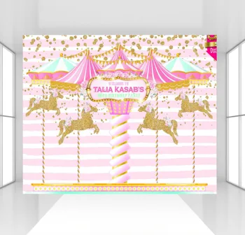 

HUAYI Customized Carousel Party Circus Backdrop Gold and Pink photoshoot Background Gold Glitter girl birthday party backdrop