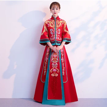 

Traditional Chinese Bride RED Embroidery Marriage Cheongsam Set Asian Women Wedding Dress Classic Qipao Elegant Toast Clothes