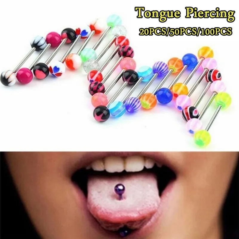 30/50Pcs/lot Barbell Tongue Piercing Tongue Tounge Rings Surgical Steel Mixed Colors Bars Body Jewelry