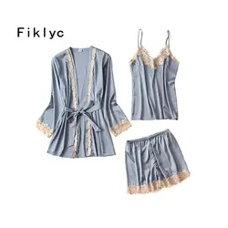 Fiklyc бренд три части женский халат + Топы + укороченные штаны пижамные комплекты роскошные мягкие пикантные женские пижамы атлас и кружева
