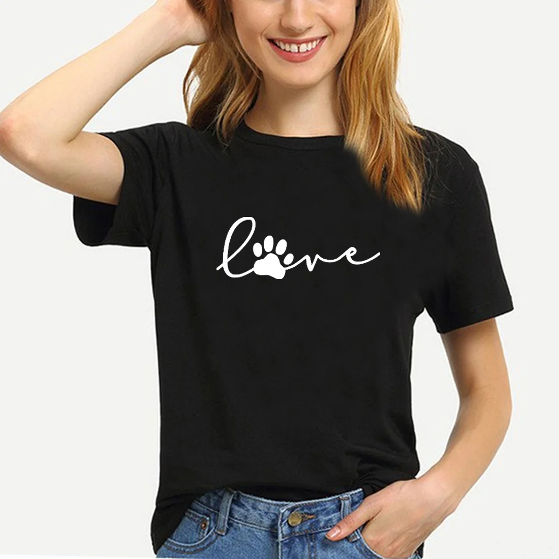 

Cute Love Cat Dog T Shirt Women Tshirt Top Black White Short Sleeve Cotton Tee Shirt Femme Printed Casual Chemise Femme