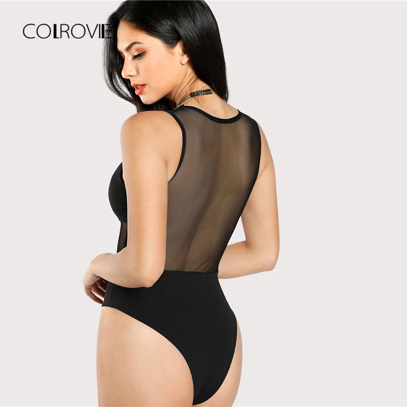 COLROVIE شبكة إدراج هوك و العين صد مثير ارتداءها 2018 جديد الصيف الأسود أكمام نحيل ارتداءها V الرقبة النساء ارتداءها