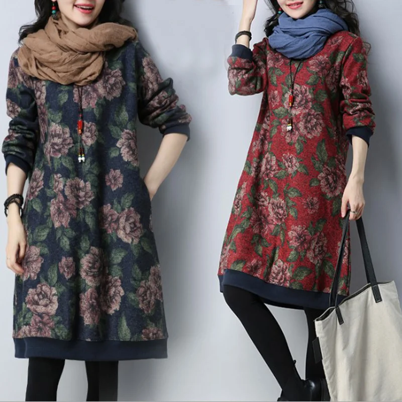 Plus velvet print long-sleeved dress