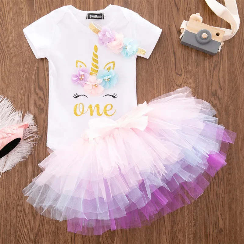 Unicorn Baby Girl Clothes Dresses With Infant Headband Cotton Lace First Birthday Outfit Girl 1 Year Baby Tutu Dress For Girls