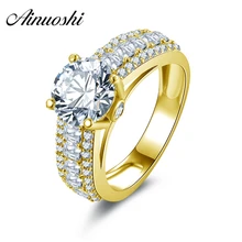 AINUOSHI 10k Solid Yellow Gold Lovers Promise Ring 2 Carat Round Cut 3 Rows Drill Simulated Diamond Bijoux Women Wedding Rings