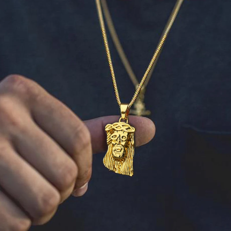 

Hip Hop Gold Color Jesus Piece Head Face Pendants Necklaces Rope Chain Collier for Men Women Christian Jewelry