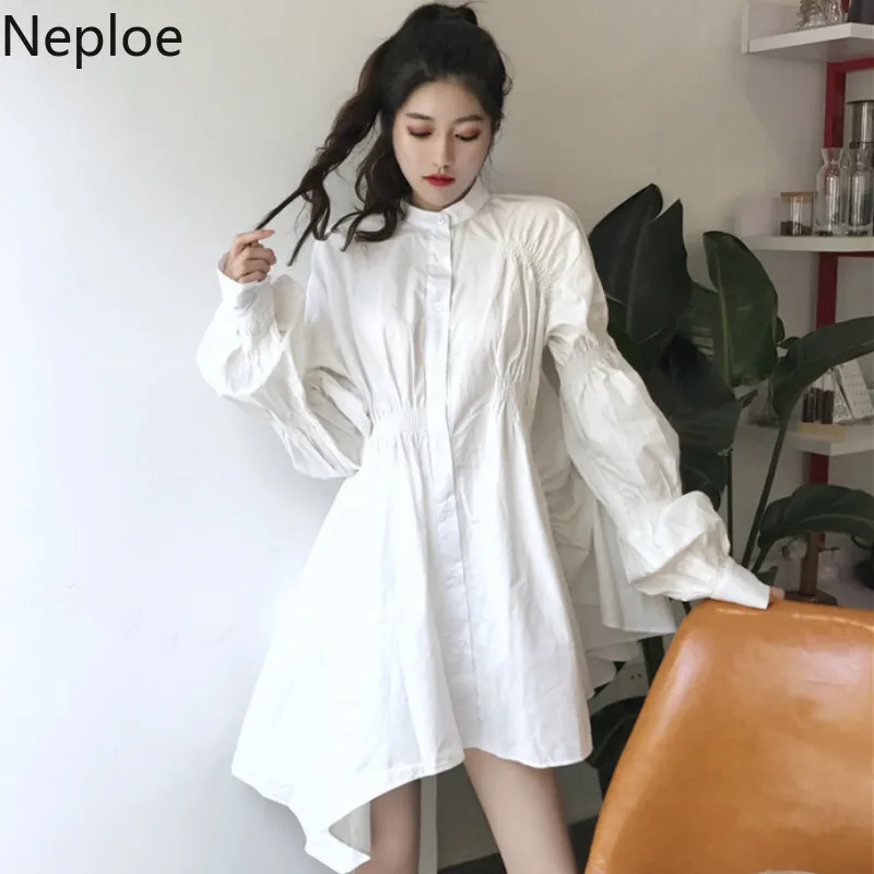 

Neploe Irregular Dress Women Summer New Fashion Stand Collar Long Sleeve Vestidos Korean Chic Slim Waist Dresses 43678
