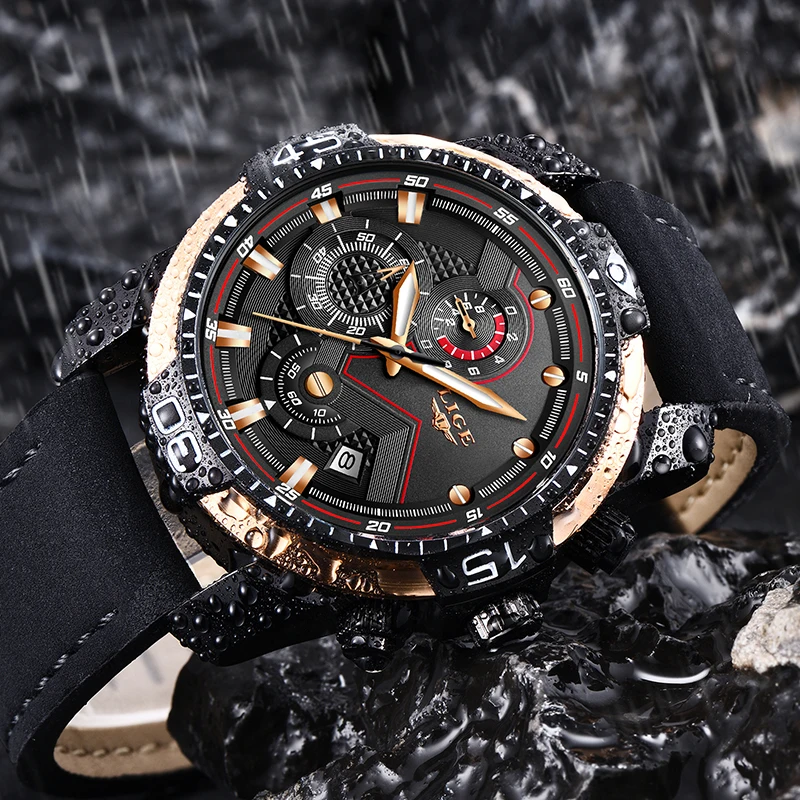 LIGE Mens Watches Top Brand Luxury Military Sport Watch Men Black Leather Analog Quartz Watch Waterproof Relogio Masculino+Box