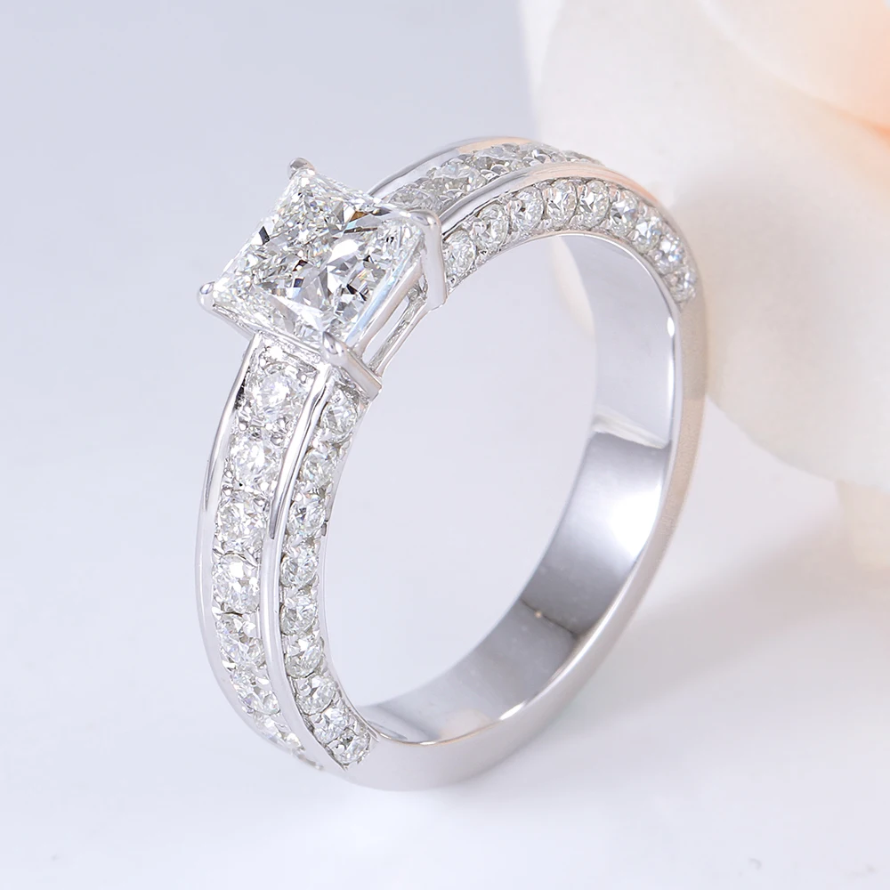 Solid 14k White Gold 5.5mm Princess Cut F Color Moissanite Engagement Ring with Accent Delicate Wedding Band for Women(2)