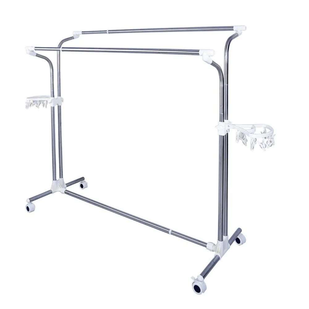  Movable Clothes Laundry Drying Rack Garment Rack Expandable Rails Rolling Adjustable Clothing Dryin