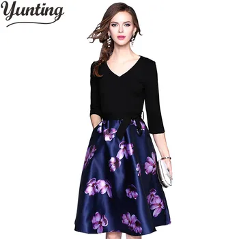 

Runway Dresses 2019 Women High Quality Pladi Floral Print Black A Line Dress Spring Autumn Vestido De Festa