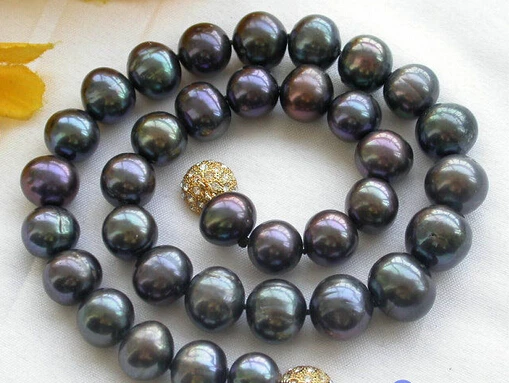 

Wholesale free shipping 100% Natural jewelry >HUGE REAL 17" 12mm ROUND peacock black PEARL NECKLACE