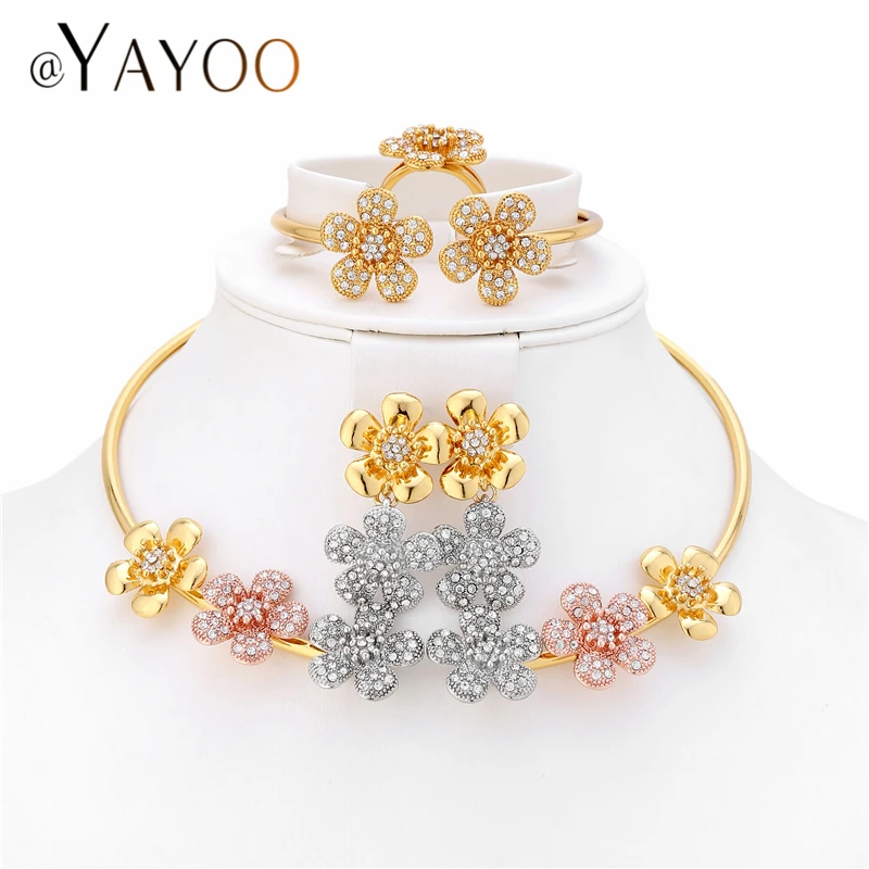 

AYAYOO Women Wedding Jewelry Set Gold Color African Beads Jewelry Set Imitation Crystal Flower Earings Fashion Indian Jewellery