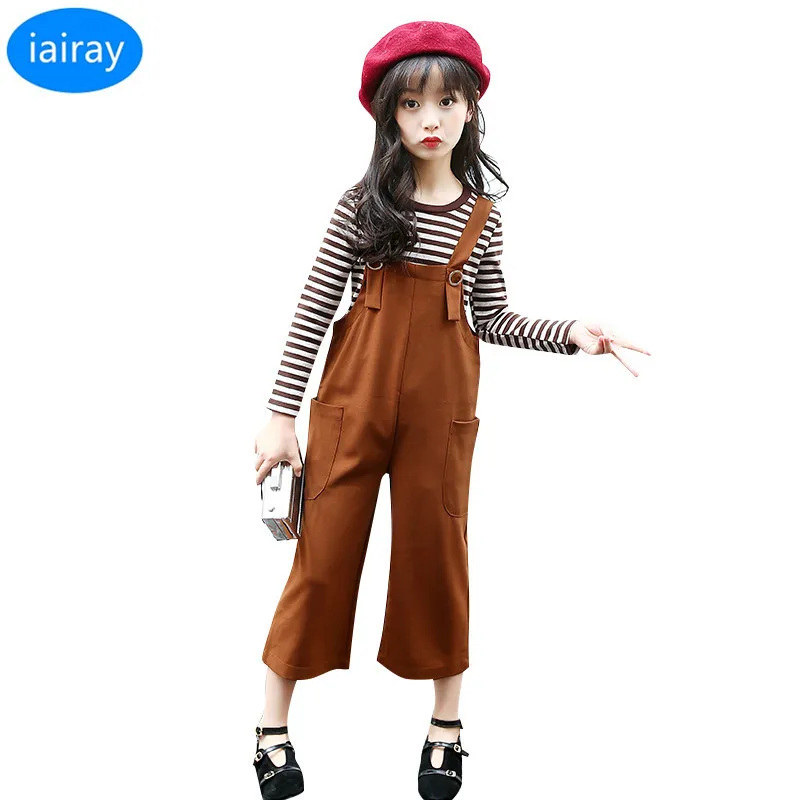 

iairay 2pcs set kids overalls for girls suspender bib pants long sleeve round collar striped shirt teenage girls autumn clothes