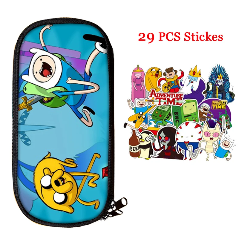 

Adventure Time Pencil Bag School with 29PCS Stickers Pencil Box Double Zipper Cosmetic Case Girls Student Kids Stationery Pouch