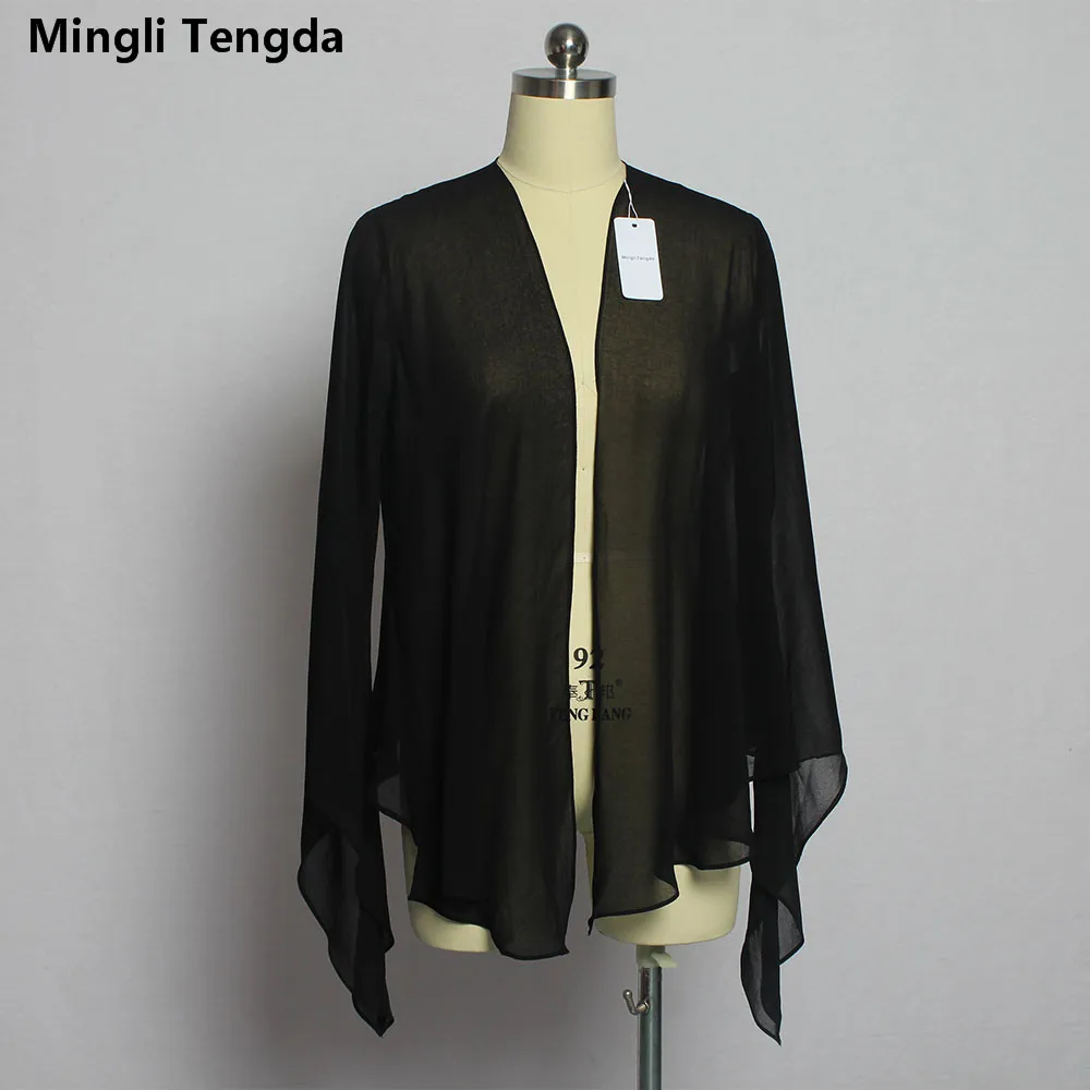 

Mingli Tengda Custom Made Black/Red Chiffton Bridal Jacket Wrap Wedding Fashion Collar Shrug Long Sleeves Bolero Jacket Women