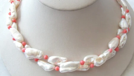 

huij 002177 wonderful double 20mm white natural freshwater pearls &pink coral necklace