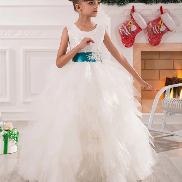 Cheap New Arrival Little Girls Party Dresses 2016 Crew Neckline Bling Bling Sequins Ball Gown Tiers Tulle Little Flower Girls' Dresses