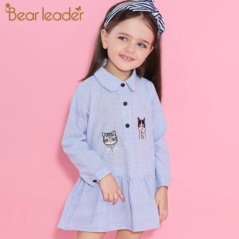 Bear leader/платье для девочек коллекция года; модные рубашки; платья Детские платья с длинными рукавами в синюю полоску с вышитым воротником