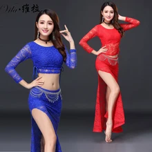 Новое поступление, кружевная длинная юбка для танца живота, комплект из 3 предметов, топ и юбка и платье с поясом, сексуальный танцевальный костюм для тренировок, комплект для женского платья