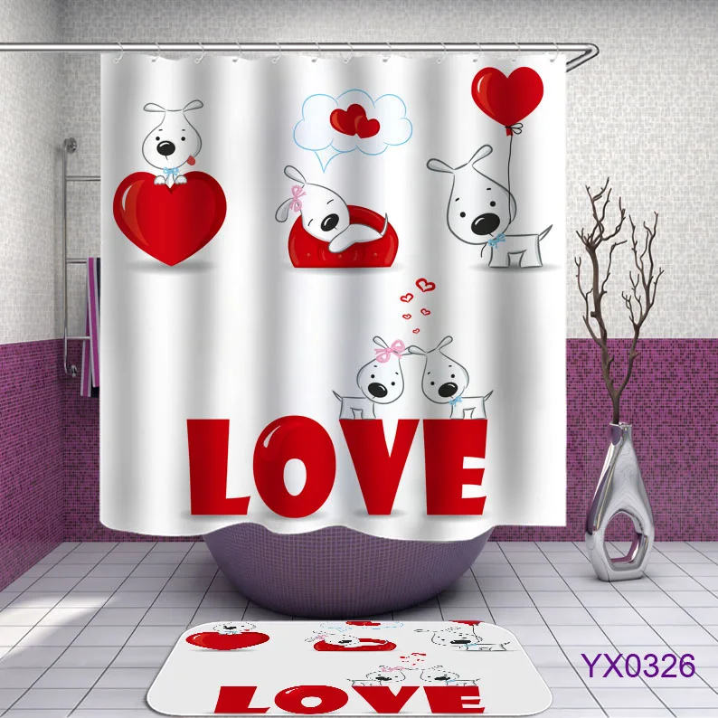 

Dog Heart Print Waterproof Shower Curtain Polyester Fabric Bath Curtain Home Bathroom Curtains with 12 Hooks Shower Curtains