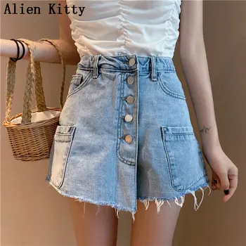 

Alien Kitty New 2019 Summer Simple Fashion Denim Single Breasted All-Match Loose High Waist Solid Fresh Women Plus Casual Short