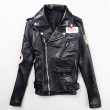 Одежда для пар, мужская и женская куртка из натуральной кожи, пальто из овчины с лацканами, тонкая короткая косая молния, мотоциклетная одежда, зимняя