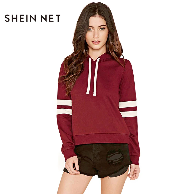 Sheinnet Burgundy Hooded Sweatshirt Sweet Preppy Style Casual Women Hoodies Sweatshirt Solid 
