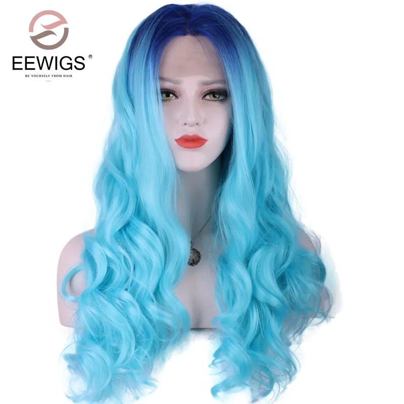 

High Temperature Fiber 150% Density Wavy Synthetic Lace Front Wig Glueless Blue Ombre Wigs for Black Women Heat Resistant