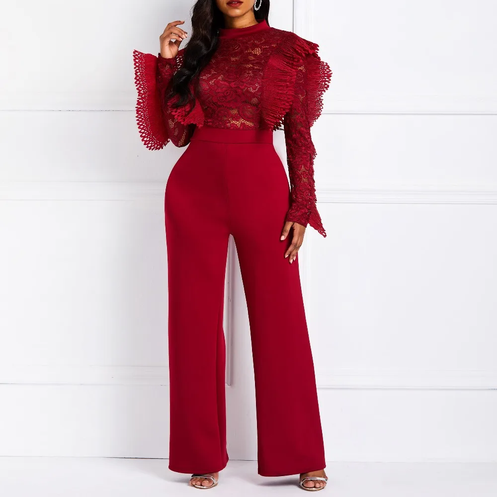 Clocolor Red Lace Jumpsuits Women See Through Long Sleeve Club Party