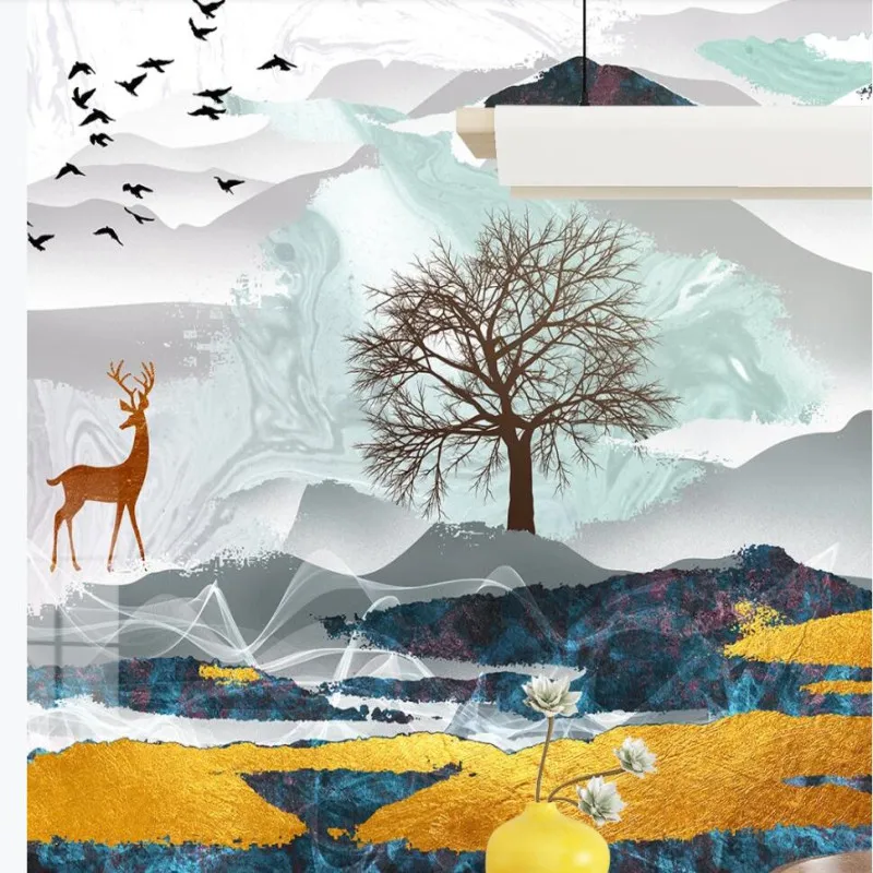 New Ink Landscape Forest Elk Golden Sunrise Birds TV Background Wall Painting New Ink Landscape Forest Elk Golden Sunrise Birds TV Background Wall Painting