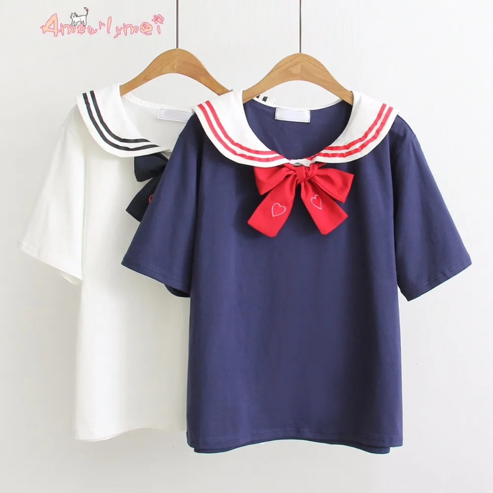 Amourlymei Summer T shirt Bow Embroidered Navy Sailor Collar Short