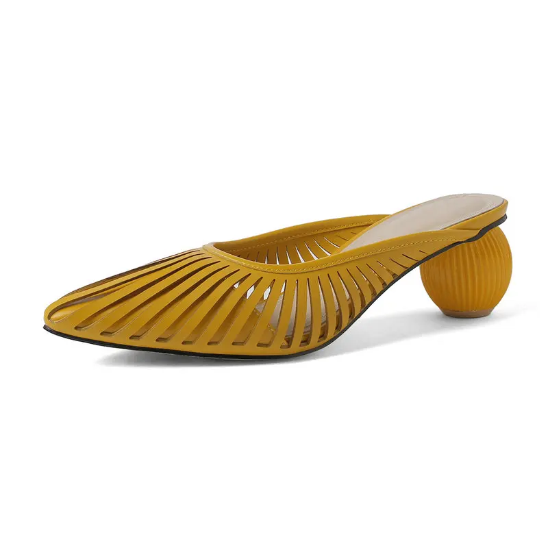 

Women Slippers Genuine Leather Round Heels Women Beige Yellow sheepskin Sandals 5cm Heel Casual Ladies Shoes Flip Flops Size40
