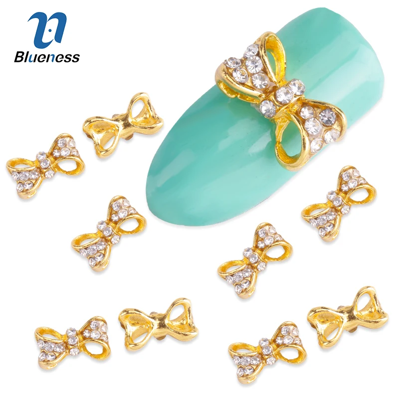 

10pc Golden Alloy Glitter 3d Nail Bows Art Decorations with Rhinestones ,Alloy Nail Charms,Jewelry on Nails Salon Supplies TN294