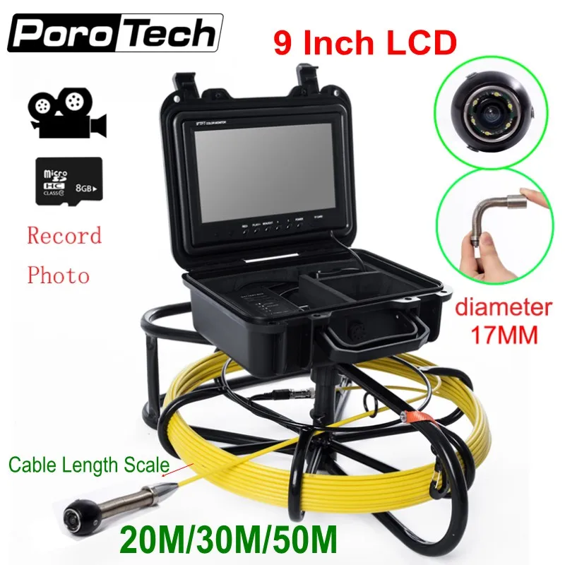 WP9600B 17mm Sewer Pipe Inspection camera 20/30/50M Fiberglass Cable 9&quotLCD Industrial Pipeline Endoscope Drain Underwater |