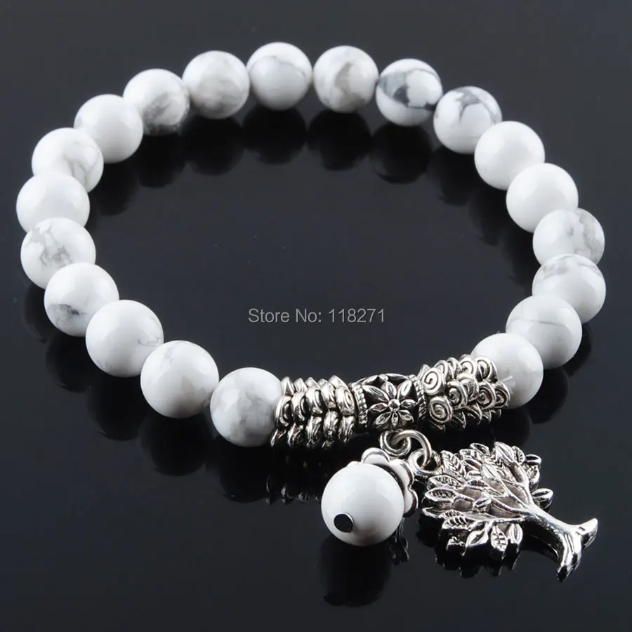 WOJIAER Белый Howlite браслет с драгоценным камнем мала бусины Древо жизни Подвески