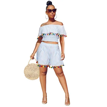 

Spring Summer Women Two Piece Set Top and Pants Plus Size Outfits Tracksuit Sweatsuit Outfit Striped Tassel Active Sets