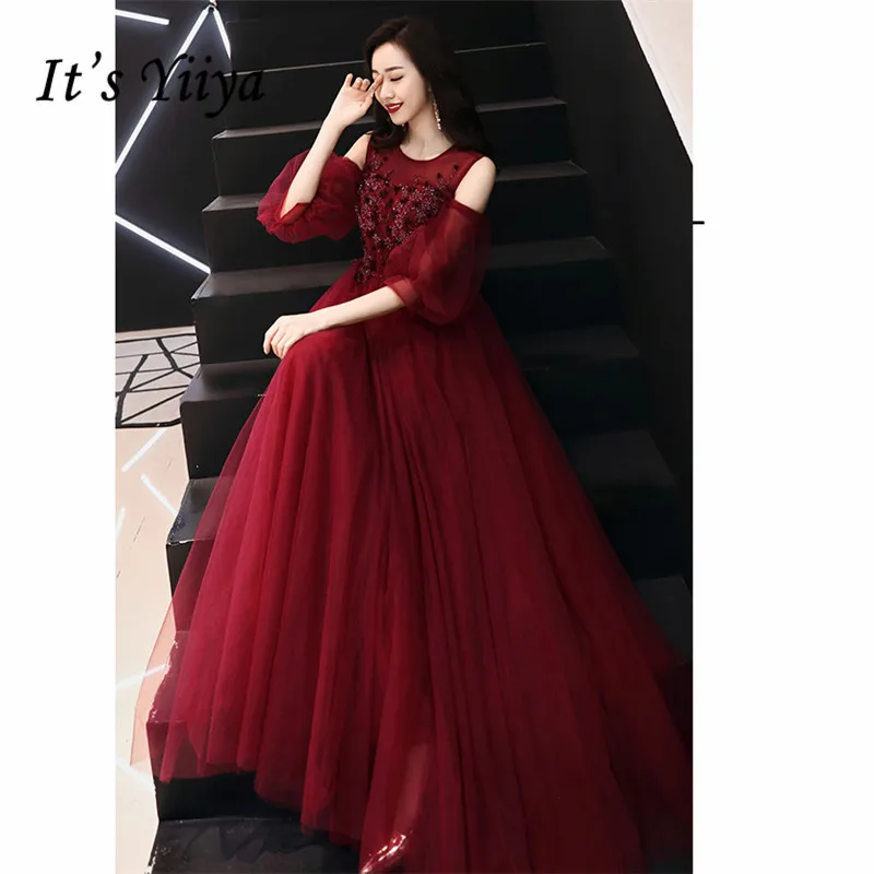 

it's YiiYa Dress Women Party Night Beeded Crystal Tube Tulle Long Prom Dress Puff Sleeve Vestidos de Gala Plus Size 2019 E517