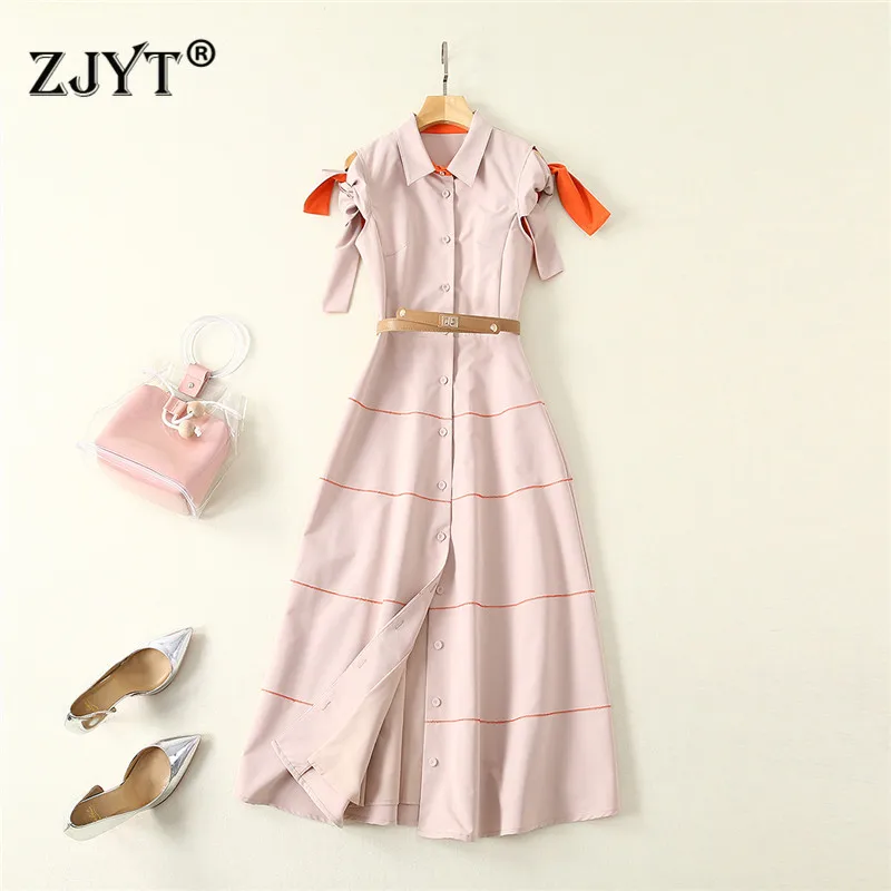 

2019 New Summer Designer Runway Dress Women Fashion Turn Down Collar Short Sleeve Single Breasted Buttons Simple Dress with Belt
