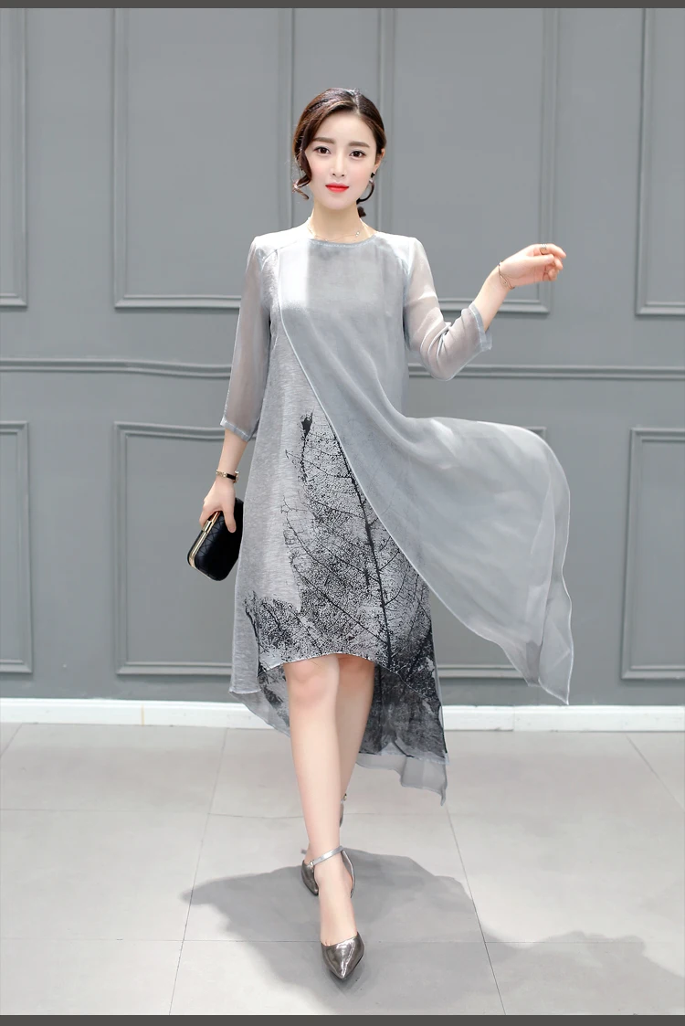 Women Summer vestidos Irregular Chiffon Dress Plus Size O Neck Long Sleeve Leaves Print Ladies Casual Artsy Retro Dress