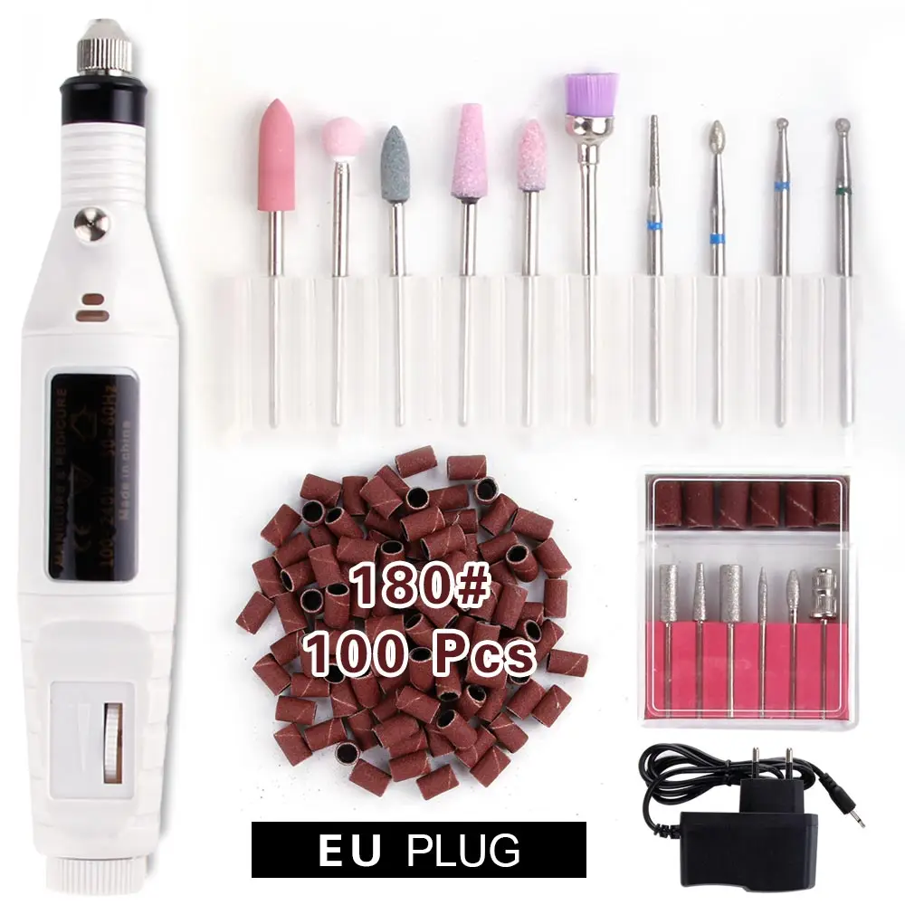 White Set 180 Электрический фрезерный станок набор сверл для ногтей керамический алмазный резак роторные заусенцы для маникюра для кутикулы - Цвет: White Set 180