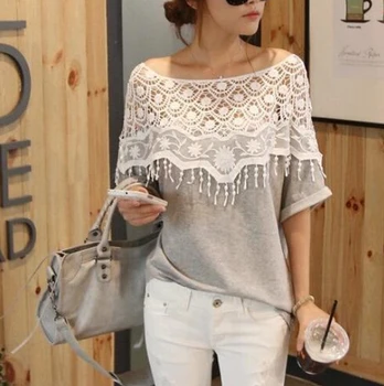 

Hot 2015 Spring Summer New Fashion Sweet Lace Floral Hollow shawl collar T Shirt Women Causal Loose Lace Tops Drop Shipping