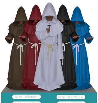 

1pc Medieval Costume Men Women Vintage Renaissance Monk Cosplay Cowl Friar Priest Hooded Robe Rope Cloak Cape Full Set